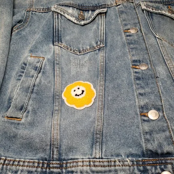 Celebrity Pink Oversized Patchwork Denim Jacket Distressed Womens Small Retro - Picture 2 of 11